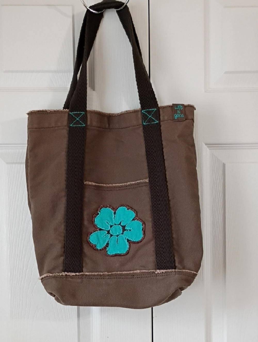 Life Is Good Brown Canvas Tote with Teal Flower Patch